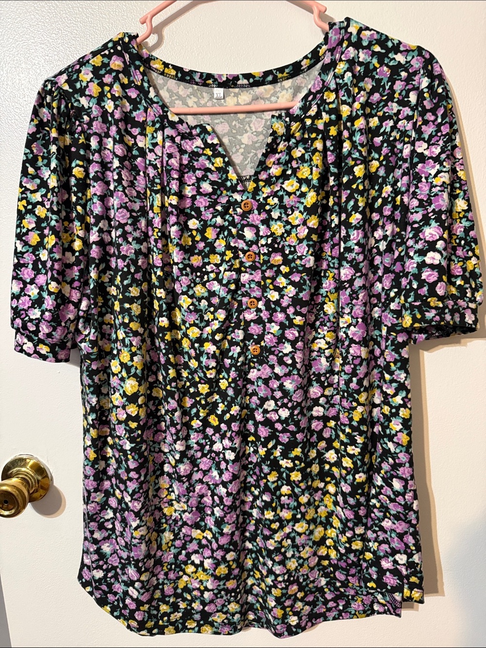 Floral Button-Front Women’s Top in Black with Pink & Yellow Flowers